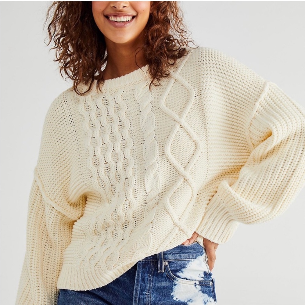 NWT Free People Cream Dream Cable Crewneck Sweater